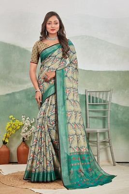 havya creation Printed Banarasi Linen Saree(Multicolor)