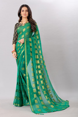 Aardiva Woven, Embellished Bollywood Chiffon Saree(Dark Green)
