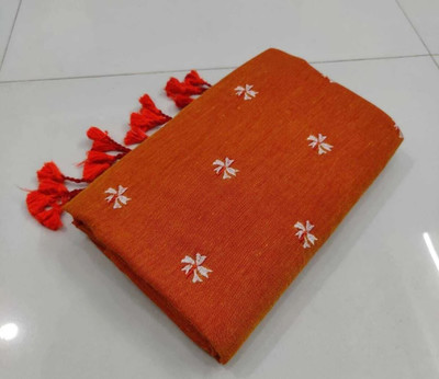 HouseOfCommon Printed Handloom Cotton Blend Saree(Orange)