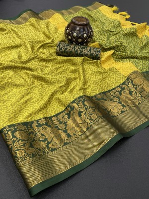 het designer studio Printed Banarasi Jacquard, Art Silk Saree(Yellow, Green)