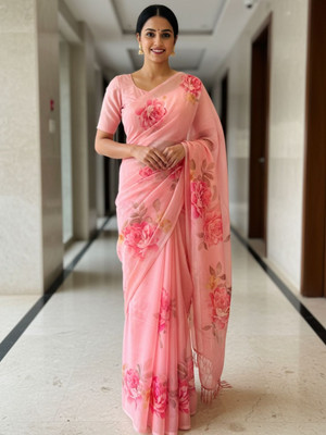 ZAMUNA Floral Print, Digital Print Daily Wear Georgette Saree(Pink)