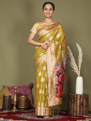 Divastri Woven, Digital Print Banarasi Cotton Linen Saree(Mustard)