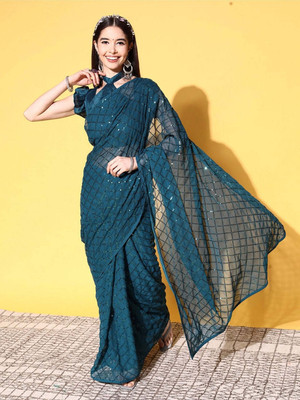 Clemira Embellished Bollywood Georgette Saree(Green)