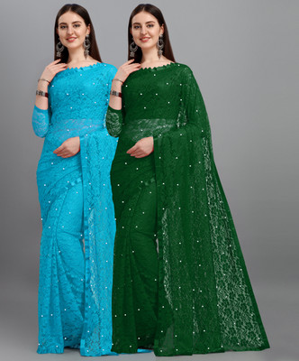 LOROFY Self Design Bollywood Net Saree(Pack of 2, Multicolor)