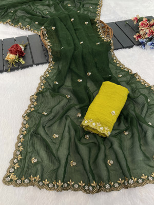 KanjiQueen Self Design, Embellished, Embroidered Saree with Attached Blouse Chiffon, Silk Blend Saree(Dark Green, Light Green)