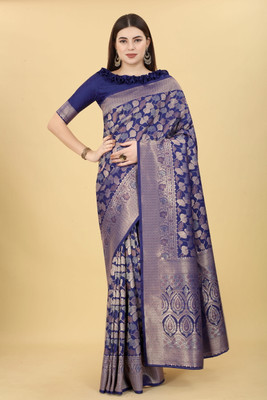 SWORNOF Self Design Bandhani Silk Blend Saree(Dark Blue)