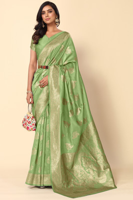 SUBHAM Woven, Embellished Banarasi Silk Blend Saree(Light Green, Gold)