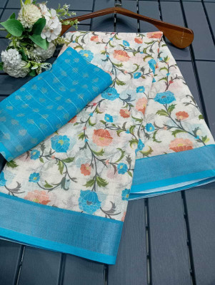 HouseOfCommon Floral Print Kanjivaram Linen, Cotton Linen Saree(Light Blue)