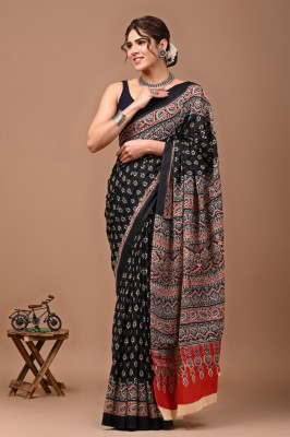 Tropwear Self Design, Printed, Blocked Printed, Digital Print, Hand Painted Ikkat Pure Cotton Saree(Black)