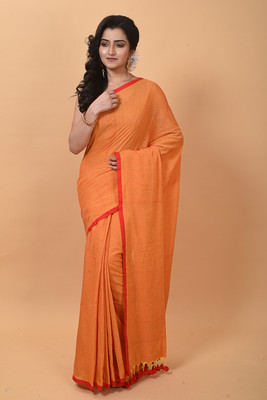 Oishani Saree Ghor Self Design Handloom Cotton Blend Saree(Orange)