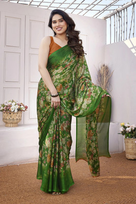 MIRCHI FASHION Floral Print Daily Wear Chiffon, Georgette Saree(Green, White, Orange)