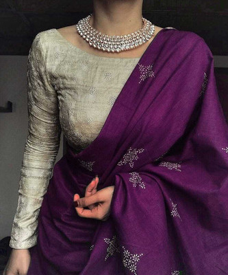 Dwini Printed Chanderi Chanderi, Tussar Silk Saree(Purple)