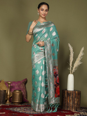 Divastri Woven, Digital Print Banarasi Cotton Linen Saree(Light Blue)
