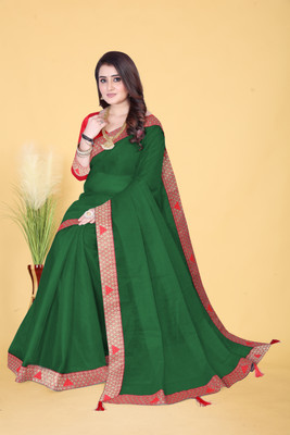 GAVUBAA Temple Border Daily Wear Net Saree(Green)