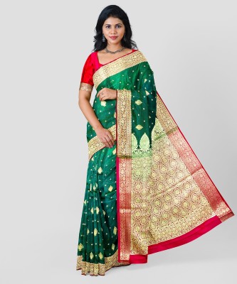 DORA SILK Embroidered, Woven Banarasi Satin Saree(Red, Green)