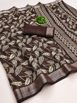 Bandhanivilla Printed Bollywood Cotton Linen Saree(Brown)