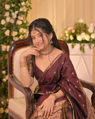 DHRUMIFASHION Woven, Self Design Mekhela Chador Polyester Saree(Brown)