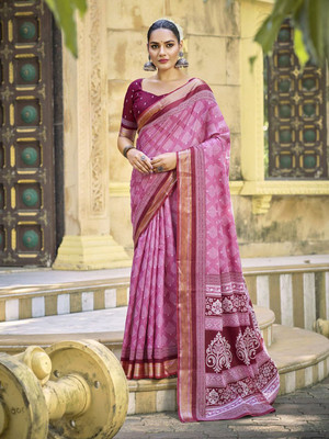 all about you Woven Daily Wear Silk Blend Saree(Pink)