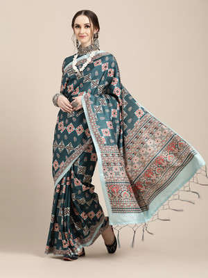 Divastri Geometric Print Baluchari Satin Saree(Light Green)