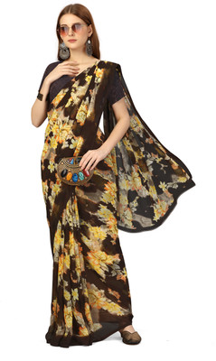 Sanjana Silks Printed Bollywood Chiffon Saree(Brown)