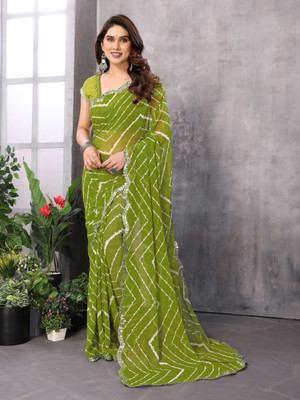 TTH Striped, Embellished Leheria Georgette Saree(Green)