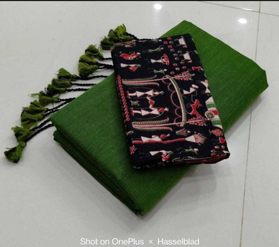 HouseOfCommon Solid/Plain, Printed Kalamkari Handloom Pure Cotton Saree(Green)