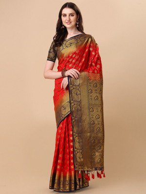 sarify creation Woven Kanjivaram Cotton Silk Saree(Red, Blue)
