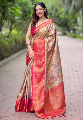 all about you Woven Banarasi Silk Blend Saree(Pink)