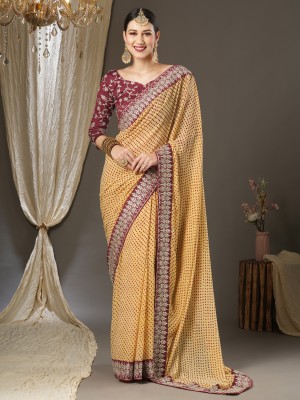 Sareemall Embroidered Bandhani Georgette Saree(Cream)