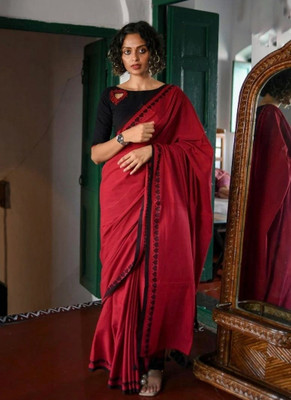GOLU Woven Handloom Cotton Blend Saree(Red)