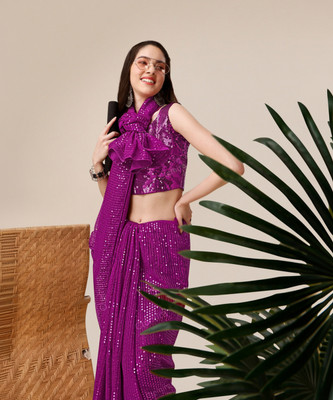 Clemira Embroidered, Embellished Bollywood Georgette Saree(Purple)