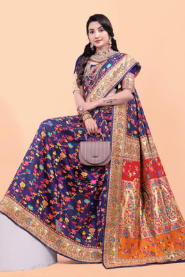 Wovenza Self Design, Woven Bollywood Cotton Blend, Semi-Pashmina Saree(Blue)