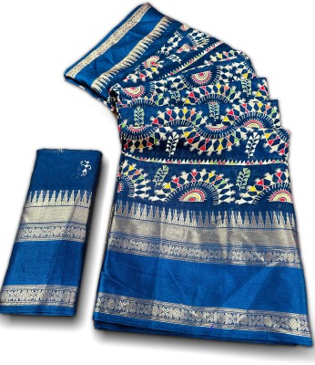 ARIHANT SILK MILL Printed Patola Cotton Silk Saree(Dark Blue)