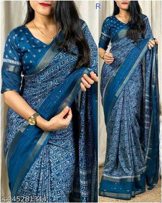 Mayra Nx Printed Bollywood Cotton Blend Saree(Dark Blue)