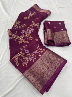 Vichitra Floral Print Daily Wear Silk Blend Saree(Purple)