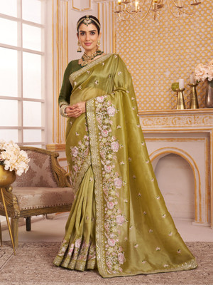 Laxmipati sarees Embroidered Saree with Attached Blouse Tissue Saree(Green)