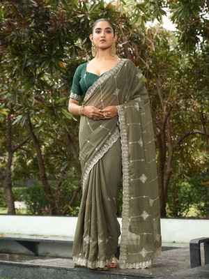 Ethina Fashion Embroidered Bollywood Chiffon Saree(Light Green)