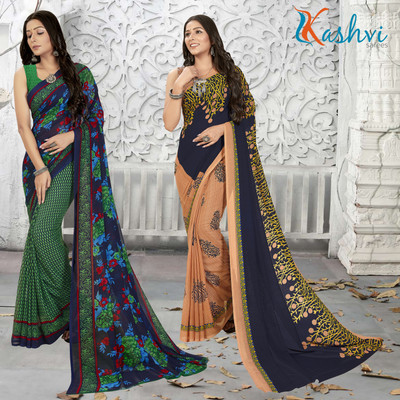 kashvi sarees Floral Print Daily Wear Georgette Saree(Pack of 2, Green, Blue, Multicolor)