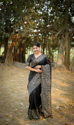 Tasrika Woven Kalamkari Raw Silk Saree(Black)