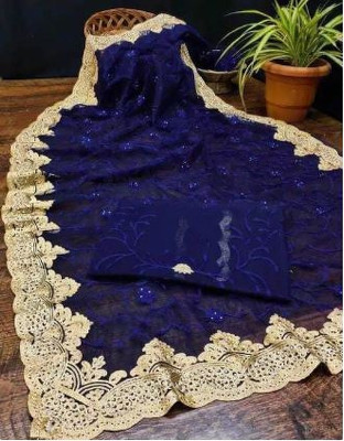 Zenomics Embroidered, Embellished Bollywood Net Saree(Blue)