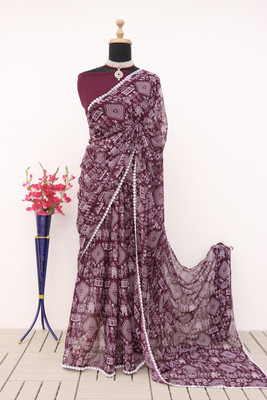 SkyCraftX Printed Mysore Georgette Saree(Purple)