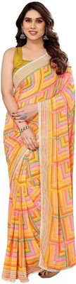 ROOP SUNDARI SAREES Blocked Printed Bollywood Georgette Saree(Yellow, Multicolor)