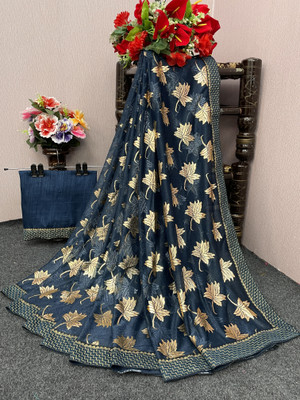 Karyavar Printed, Embroidered Bollywood Lycra Blend Saree(Light Blue)