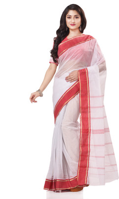 Desh Bidesh Woven, Solid/Plain, Self Design, Striped Handloom Handloom Cotton Blend, Pure Cotton Saree(Red, White)