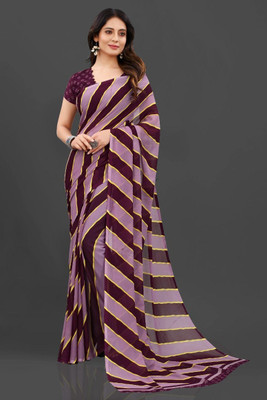 Grubstaker Printed, Striped Bollywood Georgette Saree(Purple, Maroon)