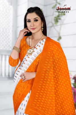 jonam fashion Self Design Daily Wear Pure Cotton Saree(White, Orange)