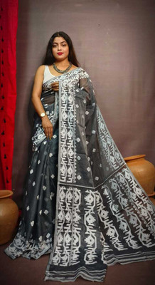 M STORE Self Design Jamdani Cotton Silk Saree(Black)