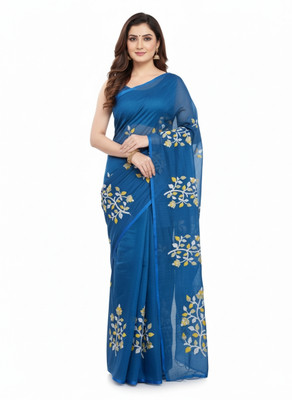 ShivMaya Embroidered Handloom Silk Blend Saree(Blue)
