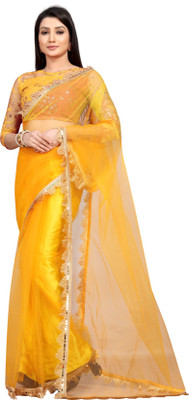 YASHVI Embroidered Bollywood Net Saree(Yellow)