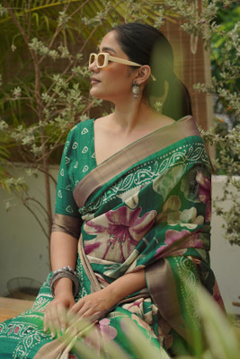 MIRCHI FASHION Printed, Embellished Bollywood Cotton Silk, Silk Blend Saree(Dark Green, Yellow, Pink)